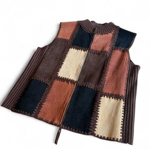 Y2K vintage leather suede brown patchwork vest